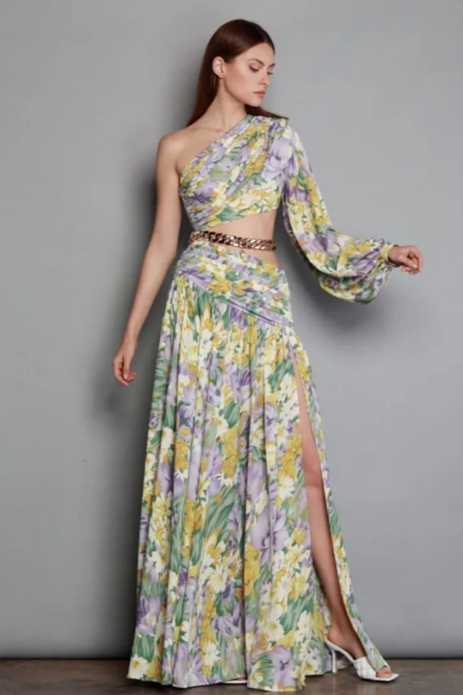 VESTIDO LARGO FLORAL CON CADENA